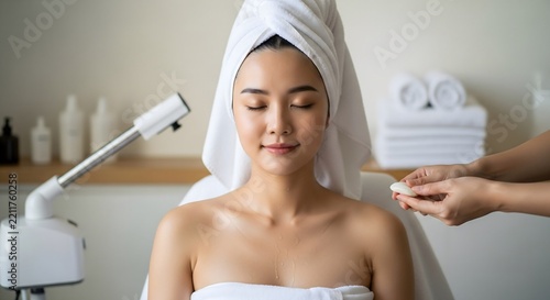 Beautiful Asian Woman Receiving Professional Facial Steam Treatment At Luxury Spa