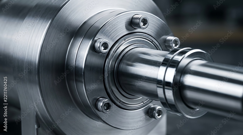 Fototapeta premium Metallic shaft connected to a heavy industrial bearing flange.