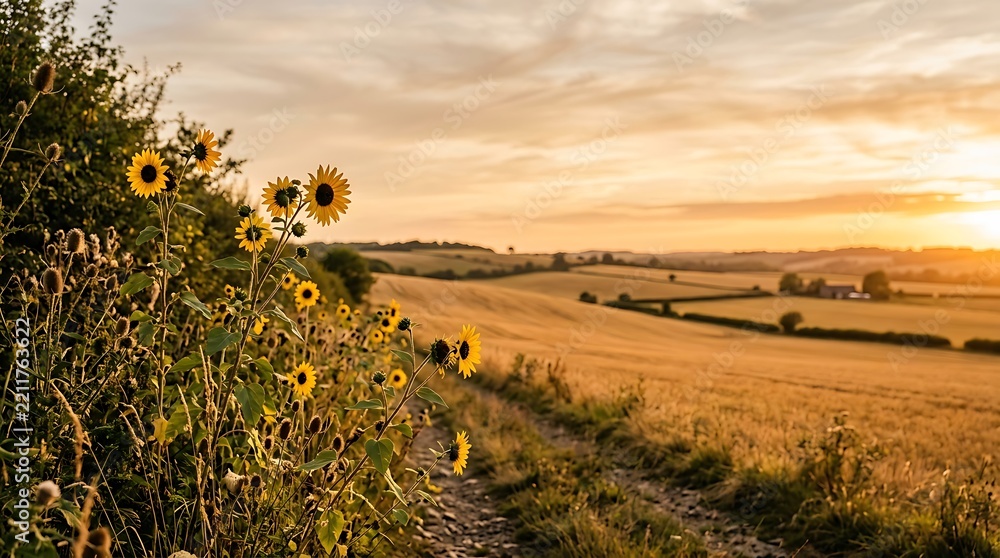 Obraz premium Sunflowers along country dirt road path in golden agricultural field at sunset beauty.