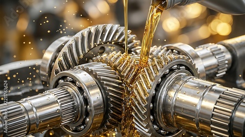 Machine gears receiving a fresh stream of clear synthetic oil.