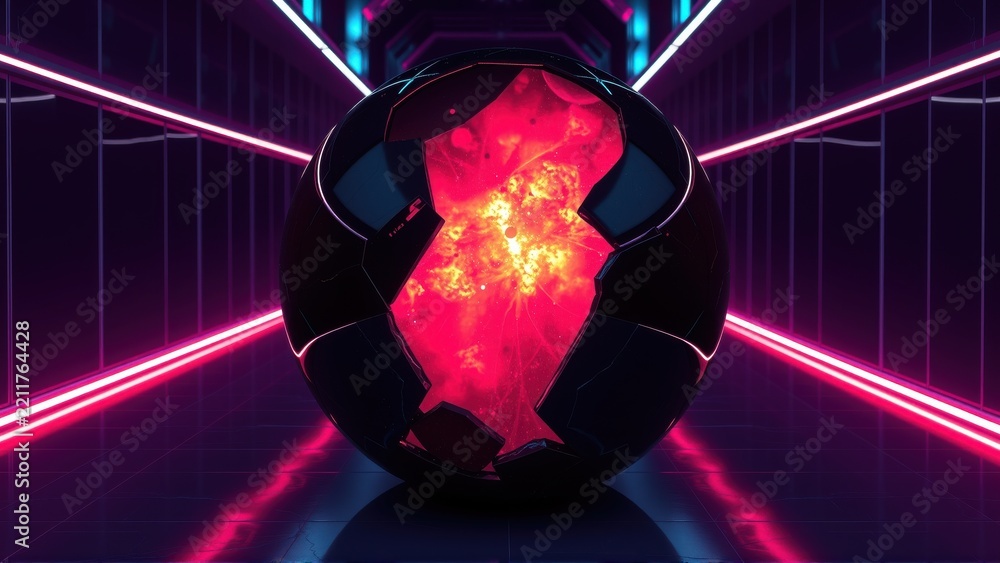 Fototapeta premium Glowing sphere radiates intense energy within futuristic corridor. Bright pink lines converge, creating dramatic visual effect. Dark background emphasizes luminosity.