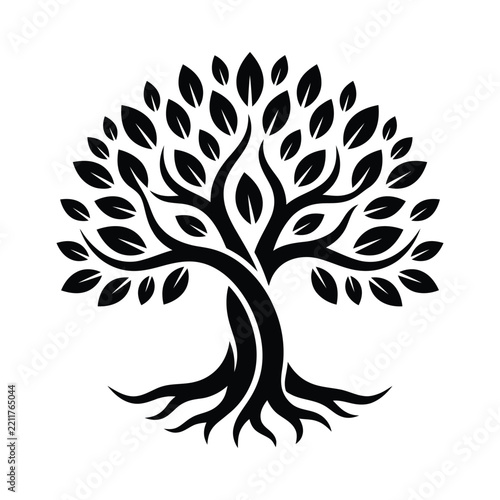 Tree Of Life Silhouette Black Botanical Tree Vector Illustration With Leaves, Roots, And Elegant Nature Design