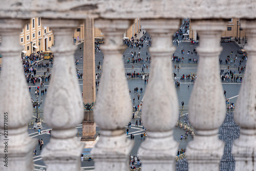 Close Up of Stone Balustrade Overlooking Saint Peter Square and Visitors in Rome