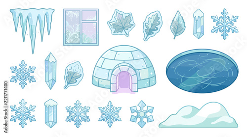 Collection of winter ice and snow elements including igloo snowflake and ice crystal