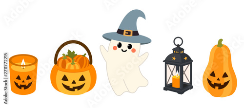 Cute vector Halloween set with ghost, pumpkins, candle, and lantern, isolated on white background