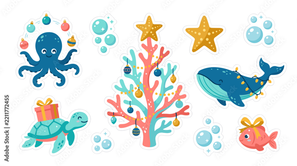 Obraz premium Colorful underwater scene with various sea creatures and coral reef elements