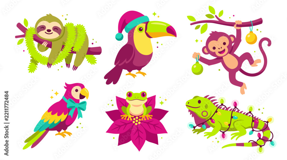 Fototapeta premium Colorful cartoon animals set including monkey toucan parrot tiger frog and cat