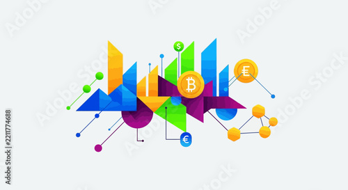Colorful financial data graphs and cryptocurrency symbols vector