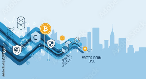 Abstract financial technology wave with currency symbols and shields