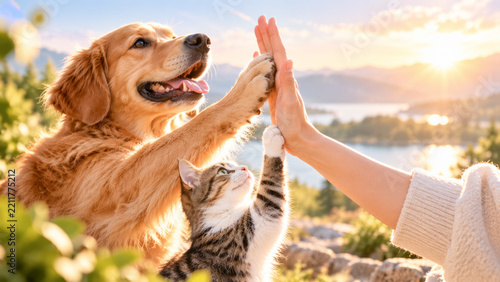Dog and cat touch a human hand with their paws against a bright background, symbolizing trust, friendship, love and care for pets. Love and care. World Animal Day.