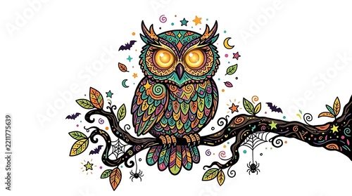 Halloween owl illustration with colorful patterns perched on a tree