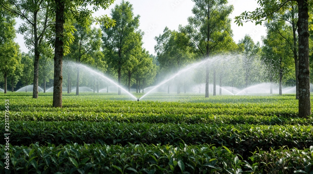 Naklejka premium Modern water sprinklers irrigate rich green tea plantation field during dry season. Automatic irrigation system sprays water on tea leaves to support crop growth. High tech agriculture management