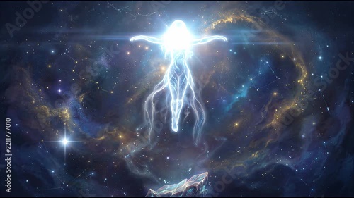Luminous glowing energy figure hovering in deep space with nebula and stars