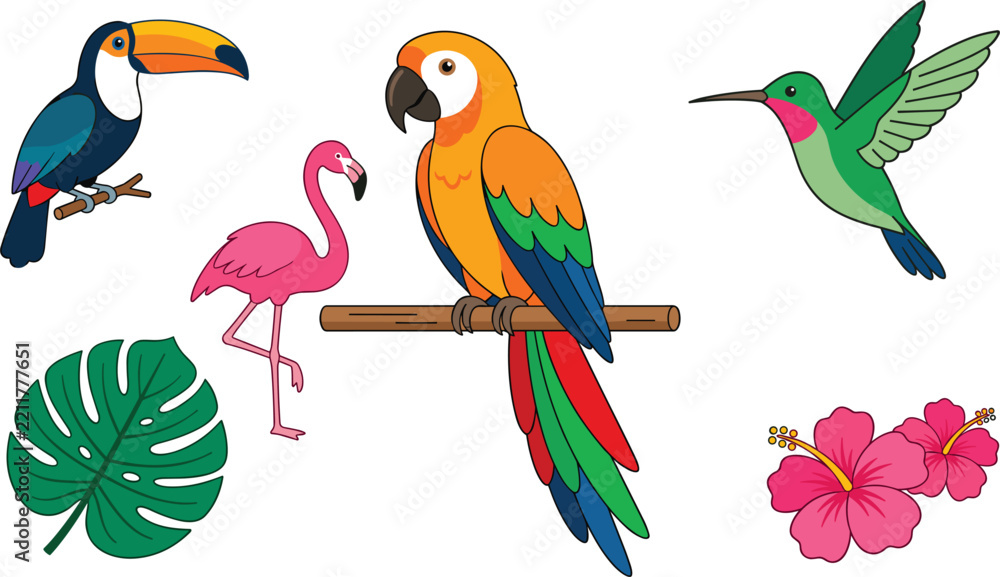 Obraz premium Tropical Birds and Jungle Flora Vector Illustration Element Set