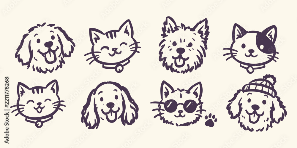 Fototapeta premium Cute hand-drawn cat and dog portrait doodles with smiling puppy and kitten faces.