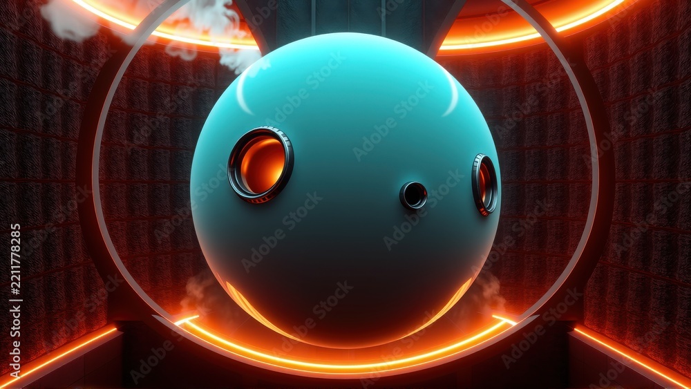 Fototapeta premium Futuristic sphere glows within circular orange structure. Smoke rises above, creating dramatic lighting effect. Dark background emphasizes central object.