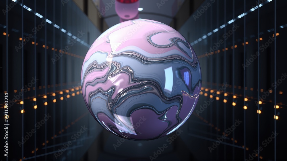 Fototapeta premium Swirling pink sphere floats within dark tunnel. Lights line walls creating symmetrical perspective. Abstract digital rendering.