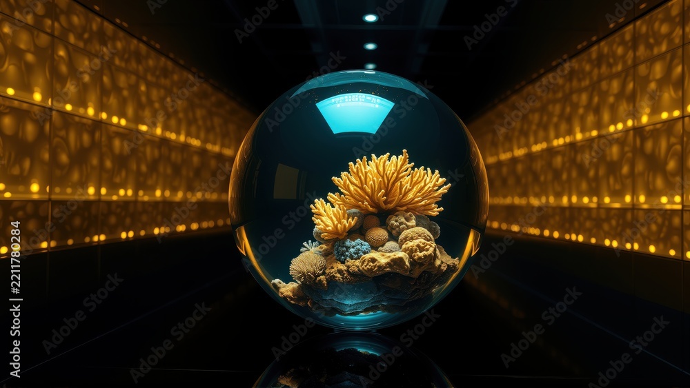 Fototapeta premium Glass sphere contains coral reef scene. Dramatic lighting creates tunnel illusion. Reflective surface adds depth, mystery.