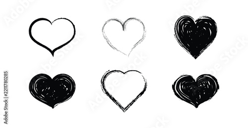 Black Brush Stroke Heart Icon Collection. Hand Drawn cute Love Symbols with Inked Artistic Marks. Suitable for love, romance, Valentine’s Day, greeting cards, branding and creative design projects.