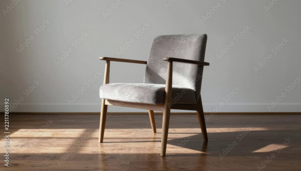 Obraz premium Sleek armchair in minimal room with soft light and polished wood floor, empty modern chair with wooden frame and gray fabric in calm interior
