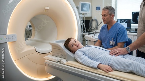 Young boy undergoing MRI scan with medical professional and parent present for support in a modern hospital diagnostic room.