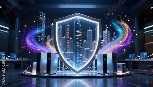 Futuristic security shield with digital city and server center, glowing cyber protection scene