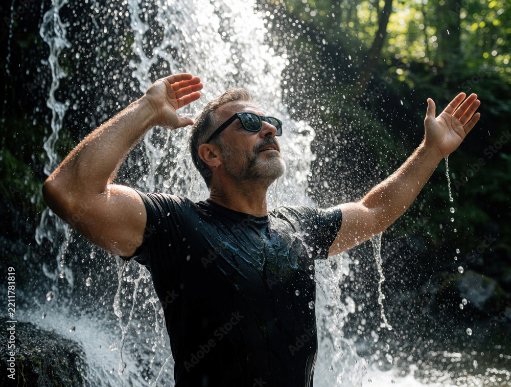Obraz premium Middle aged man stands under falling water in forest. Mature male with beard wears sunglasses, black t shirt. Stretches arms out to feel fresh cold splash from waterfall. Adult person enjoys nature,