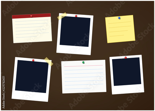 Cork board with pinned instant photo frames and sticky notes evidence board