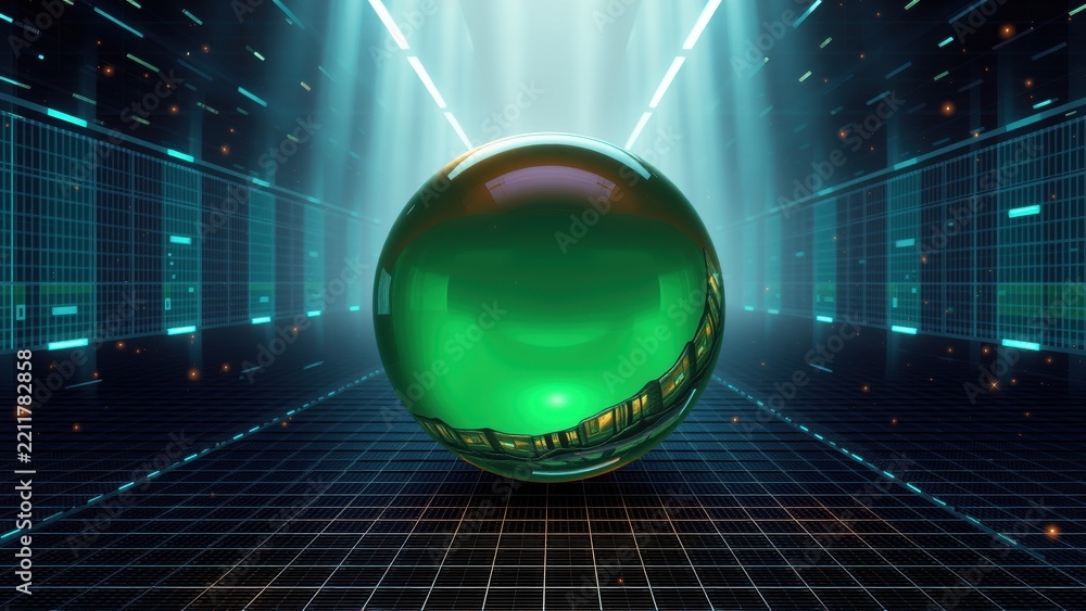 Fototapeta premium Glowing sphere dominates dark futuristic space. Lines converge toward center, creating depth. Grid floor adds perspective.