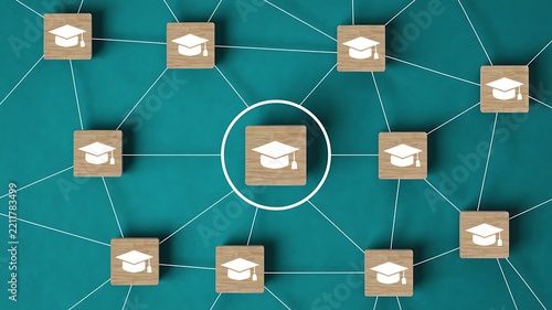 Educational Network Concept Featuring Wooden Blocks with Graduation Cap Icons Connected by Lines on a Dark Teal Background