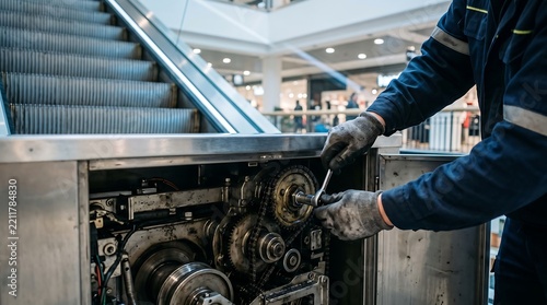 Escalator repair technician working on internal machinery with tools