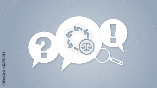 FAQ graphic concept featuring speech bubbles with question mark, law scale symbol, cycle arrows, magnifying glass, and exclamation mark on a light background.
