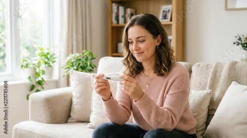 Young Woman Smiling Holding a Pregnancy Test Kit at Home, Anticipation and Hope