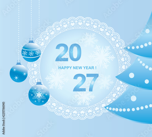 Happy New Year 2027. Numbers 2027 in circle with snowflakes, hearts, Christmas tree and hanging balls in soft blue tones. Abstract flat. Vector illustration  for background, greeting card, packaging.
