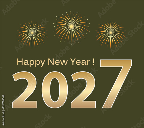 Happy New Year 2027. Vector illustration with the golden date 2027 on dark background with fireworks.