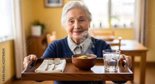 Elderly woman smiling, serving steaming soup on a wooden tray in a cozy kitchen
