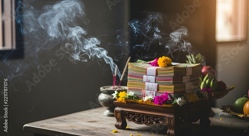 Offering of incense and money bundles on a wooden tray for spiritual rituals