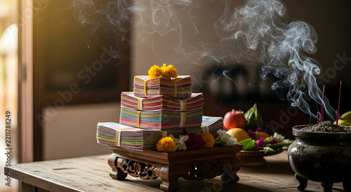 Offering of incense and money bundles on a wooden tray for spiritual rituals