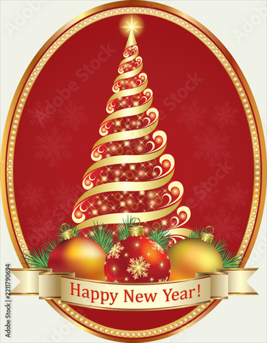 Happy New Year 2027. Christmas tree design, decorative ribbon, spruce branches and balls in gold oval. Vector illustration for greeting cards, backgrounds, banners, marketing materials and packaging