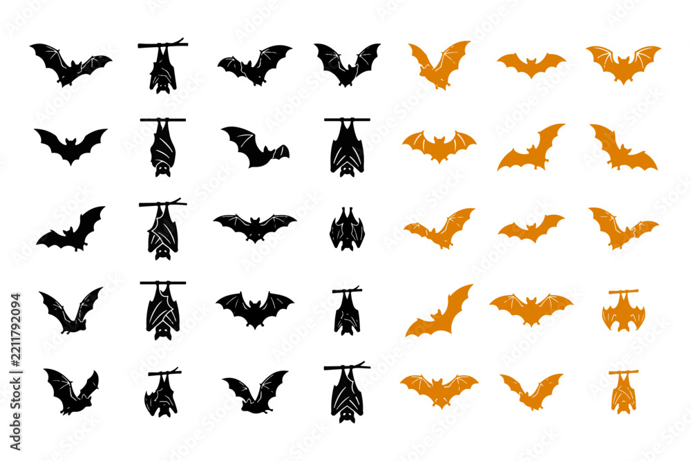 Fototapeta premium Collection of black and orange bat silhouettes in various flying positions
