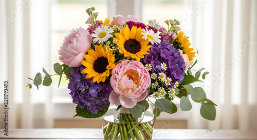 Colorful flower bouquet in a vase with bright blooms and greenery
