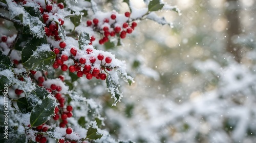 Vibrant red berries cling to a birch tree branch in a blurred winter forest