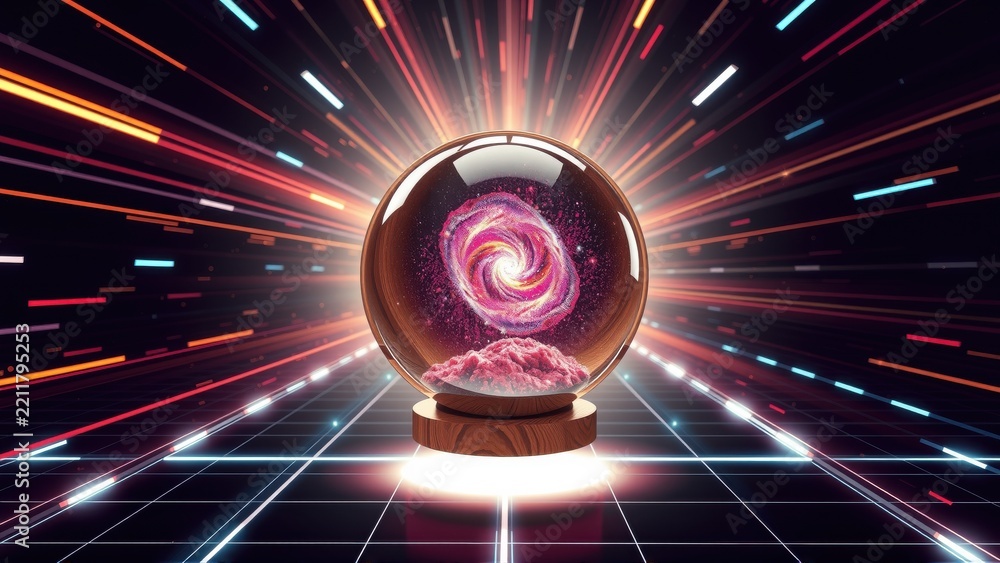 Fototapeta premium Glowing sphere contains galaxy. Bright lines radiate from object, set against grid background. Futuristic, vibrant scene.
