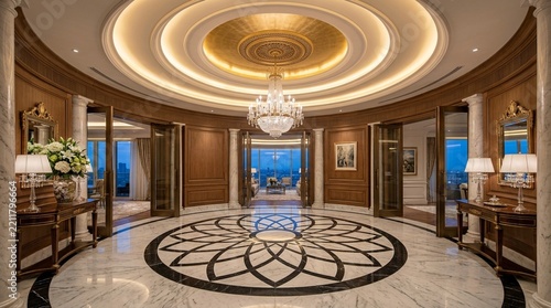 Luxurious Foyer with Chandelier, Marble Floor, and Golden Dome