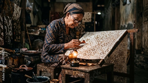 Elderly Indonesian woman creating traditional batik fabric with wax and dye in a workshop