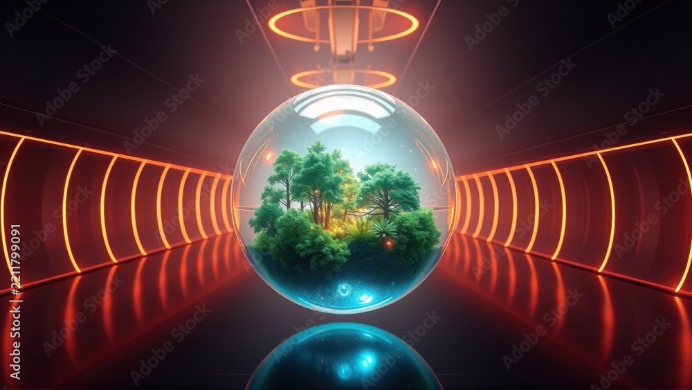 Fototapeta premium Futuristic tunnel contains glowing sphere. Lush forest inside reflects below. Dramatic lighting creates intense visual impact.