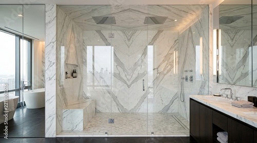 Luxury Marble Bathroom with Spacious Walk-in Shower and City View