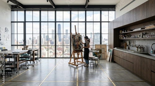 Artist painting in a bright, modern studio with city view