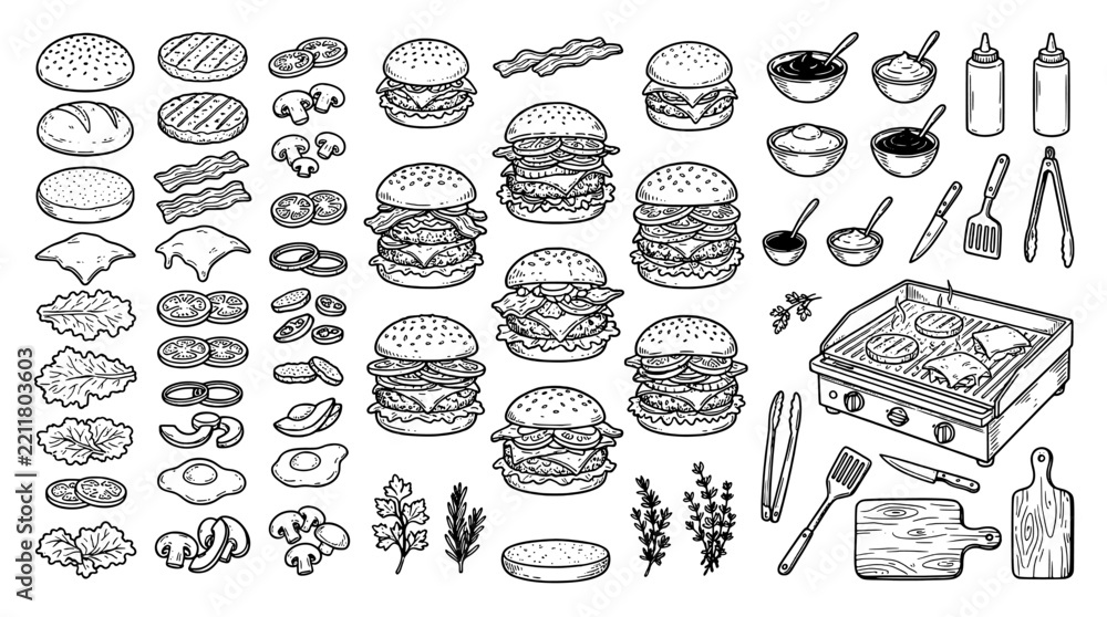 Fototapeta premium Burger ingredients and cooking utensils doodle set. Hand drawn fast food elements including buns, meat patties, cheese, vegetables, sauces, and grill equipment.