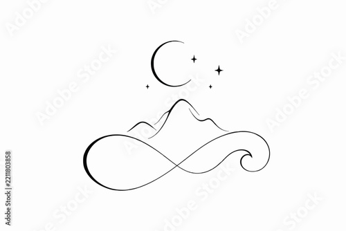 Black and white drawing of a mountain with a crescent